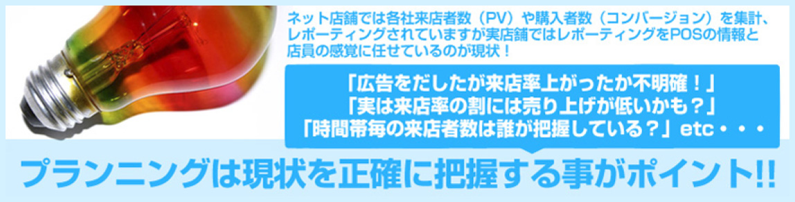 ネットでは各社来店者数（PV）や購入者数（コンバージョン）を集計、レポーティングされていますが実店舗ではレポーティングをPOSの情報と店員の感覚に任せているのが現状！プランニングは現状を正確に把握する事がポイント！